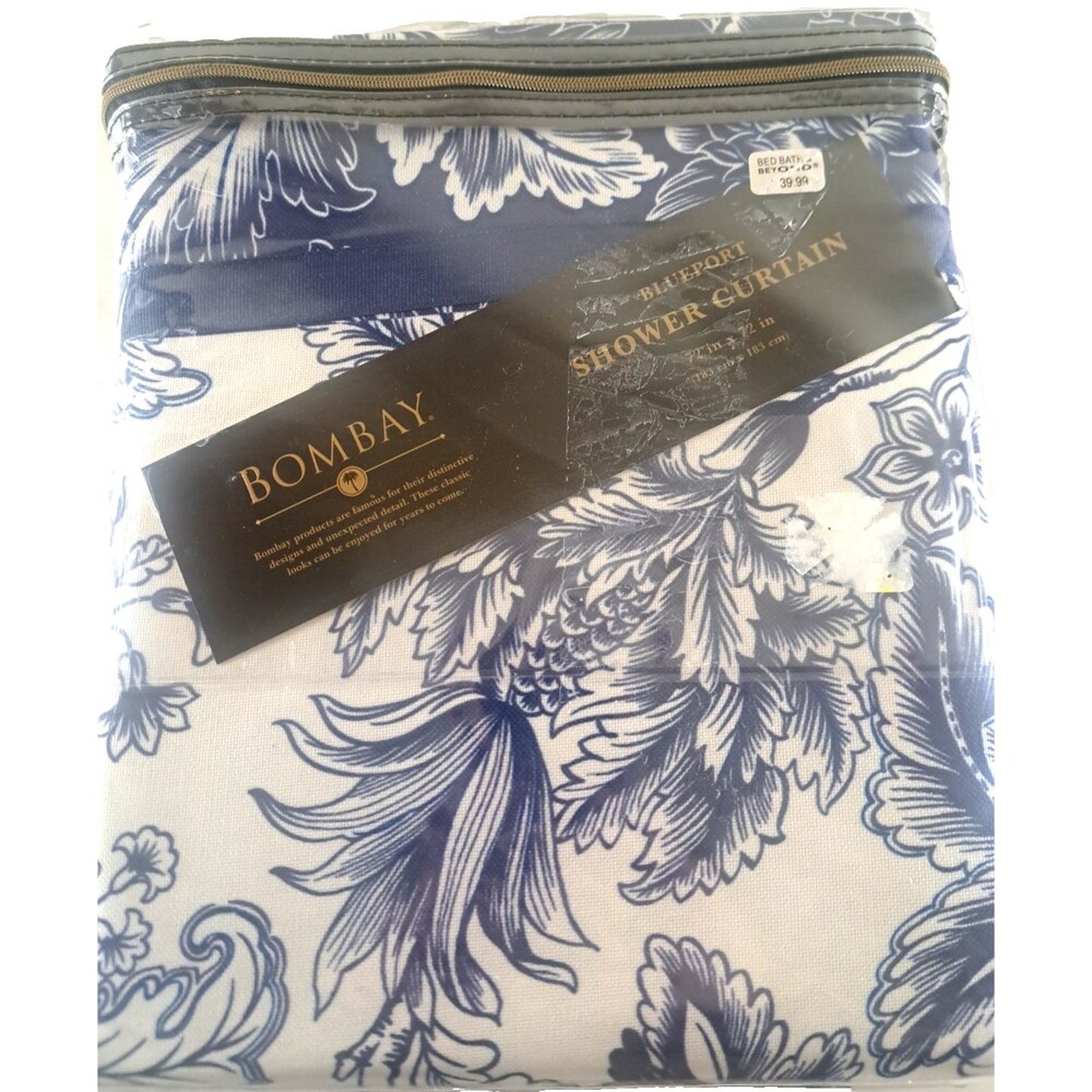 NEW Bombay Blueport Shower Curtain Blue White Floral Baroque Elegant Cottage